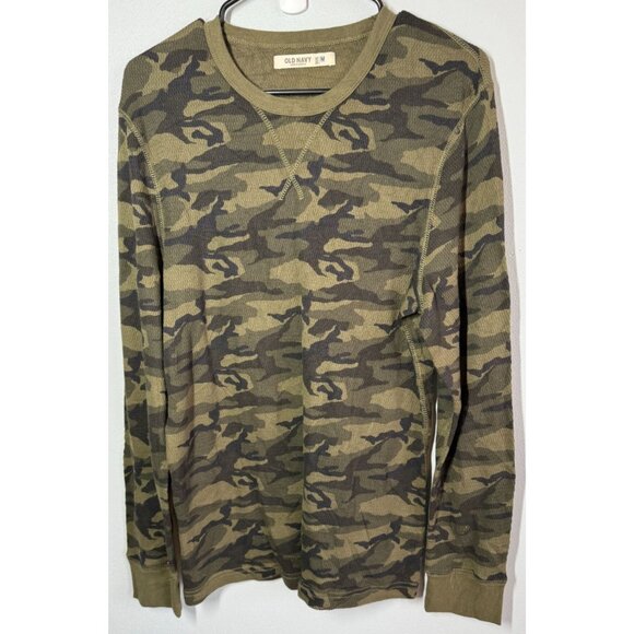 Old Navy Mens Green Camouflage Thermal Top Medium Waffle Knit Crewneck - Picture 1 of 10